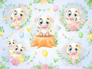 Cute little Cow with watercolor illustration set