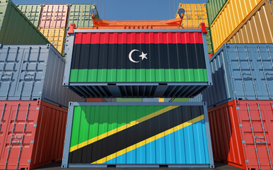 Cargo containers with Libya and Tanzania national flags. 3D Rendering