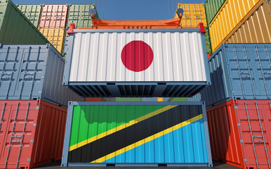Cargo containers with Japan and Tanzania national flags. 3D Rendering