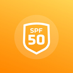 SPF 50 icon with a shield, UV protection vector