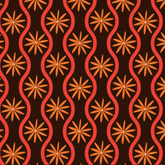 Retro groovy  orange flowers seamless pattern  placed in wavy oval shapes on dark background. For fabric, home décor, textile and wrapping paper  