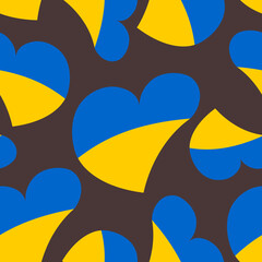 Seamless pattern with cute hearts in the colors of the Ukrainian flag on a black background. 