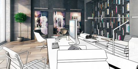 Zeitgenössische Büro-Arbeitsumgebung (Konzeption) - Panorama-3D-Visualisierung