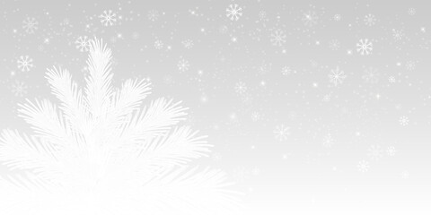 Winter snow background with frozen Christmas tree and sequins. New Year's template for printing, greeting cards,banners,wallpapers,web design