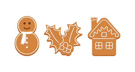 Christmas Gingerbread cookies. Cute ginger bread snowman, holy and house. Classic Xmas biscuit. Vector illustration. Noel holiday sweet desserts isolated on white background.