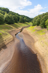 Leighton Reservoir in Nidderdale, North Yorkshire, UK in August 2022  with seriously low water levels due to no rainfall for many weeks resulting in a hosepipe ban.  Portrait, Copy space