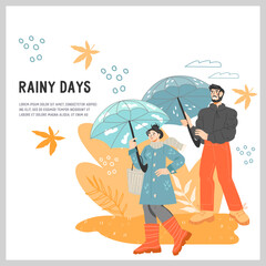 Autumn banner or poster mockup with couple in the rain, flat cartoon vector illustration isolated on white background. Autumn seasonal events and stores sales banner for web and print.