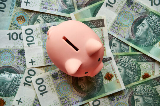 polskie banknoty 100 złotowe i świnka skarbonka