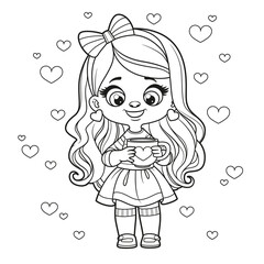 Cute cartoon long haired girl with big cup in hands outlined for coloring page on a white background