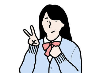 ピースサインをしているアジア系の女性学生。高校生の女の子。
