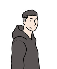 Obraz premium 灰色のパーカーを着た短髪の男性。自信に溢れた笑顔をしています。