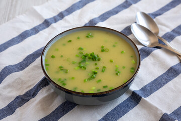 Homemade Potato Leek Soup in a Bowl, side view.