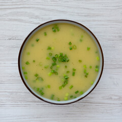 Homemade Potato Leek Soup in a Bowl, top view. Flat lay, overhead, from above.
