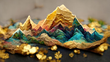 Fototapeta na wymiar Mountains stylized as origami, paper, texture of stones, gold. Paper polygonal landscape. Hi tech. AI.