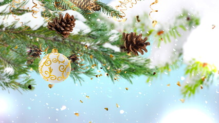 Christmas tree  and pine cone festive snowy blurred light and  gold  confetti bakcground copy space template banner