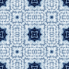 Indigo Dye Wash Coastal Damask Quilt Seamless Pattern. Washed out Geometric Dip Dyed Blur effect for Nautical and Marine Ocean Blue Interior Textile Backgrounds with Linen Texture Tile