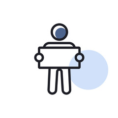 Man standing and holding in hands banner icon