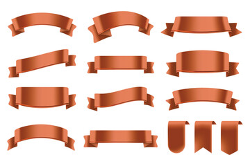 Set of Copper Color Ribbons and Tags isolated on white background. 3D Vector Illustration.