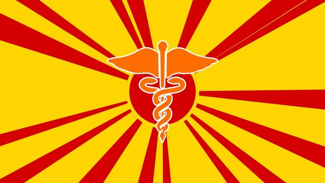 Caduceus symbol on the background of animation from moving rays of the sun. Large orange symbol increases slightly. Seamless looped 4k animation on yellow background