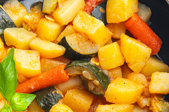 Ragout Vegetable Stew Potatoe, Carrot, Zucchini Fresh Dish Healthy Meal Food Snack Diet On The Table Copy Space Food Background Rustic Keto Or Paleo Diet Veggie Vegan Or Vegetarian Food No Meat 