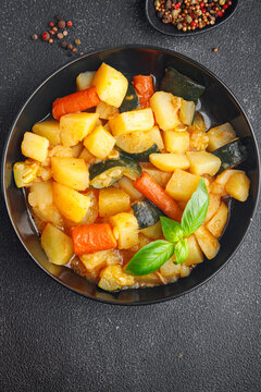 Ragout Vegetable Stew Potatoe, Carrot, Zucchini Fresh Dish Healthy Meal Food Snack Diet On The Table Copy Space Food Background Rustic Keto Or Paleo Diet Veggie Vegan Or Vegetarian Food No Meat 