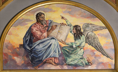 VALENCIA, SPAIN - FEBRUARY 17, 2022: The painting St. Matthew the Evangelist in church Iglesia El Buen Pastor by Miguel Vaguer (1959). - obrazy, fototapety, plakaty