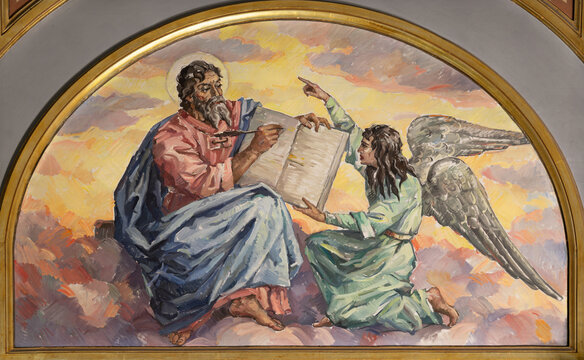 VALENCIA, SPAIN - FEBRUARY 17, 2022: The painting St. Matthew the Evangelist in church Iglesia El Buen Pastor by Miguel Vaguer (1959).