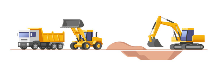 Set of building machines. Construction equipment and machinery - excavator, truck, loader. Vector illustrations.