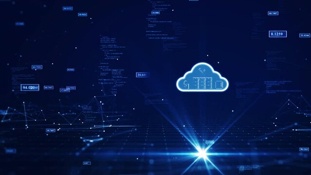 Cloud and edge computing technology concepts with cybersecurity protection. There is a prominent large cloud on the right side and other icons around it. binary code polygon on dark blue background.