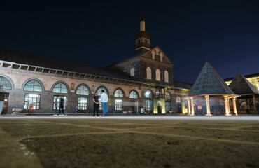 Grand mosque yard, local name is ulucami in Diyarbakır, at night long exposure and selective focus photo. 07.10.2022. Diyarbakir. Turkey.