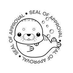 Cartoon seal of approval coloring Page for kids. Vector black line illustration. 
