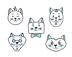 Cat face set, boys, collection silhouette face of cat. Vector Illustration for printing, backgrounds, covers, packaging, greeting cards, posters, stickers and textile. Isolated on white background.