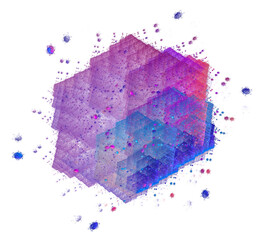 The hexagon consists of purple and blue geometric shapes stacked on top of each other on a white background. Colorful splashes from above. Abstract fractal background. 3d rendering. 3d illustration.