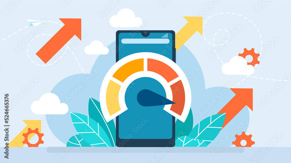 Wall mural phone with speed test on the screen. website loading optimization page speed and seo. website speed.