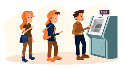 Queue of people standing for using ATM. Bank customer inserting credit card to slot for transaction. Business, banking and finance concept. 