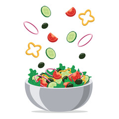Fresh salad in a plate isolated on a white background. Chopped vegetables fall into a plate with salad. flat style