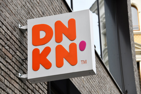 Bonn, North Rhine-Westphalia, Germany - May 15, 2022:  logo of dunkin donuts in Bonn, Germany - Dunkin' is an American multinational coffee and doughnut company
