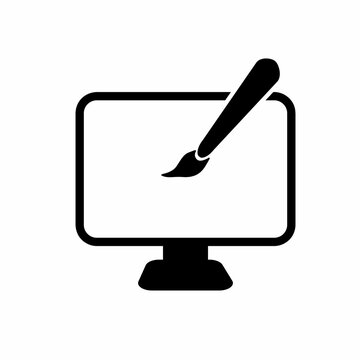 Monitor screen and paint brush icon, logo template, flat design style,  illustration isolated on a white background