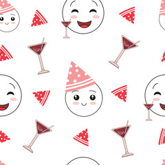 Vector seamless pattern with smile emoji in party hat and glass of drink. Good for fabric, textile, wallpaper, for card design and more