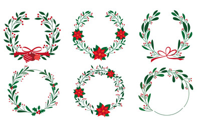 Set of Christmas Wreath. Winter green, red Berries and ornaments decoration botanical frame collection. Merry Christmas decorative round frames. Vector illustration.