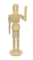 Wooden drawing mannequin that raising left hand isolated on white background.