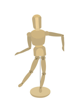 Flat wooden drawing mannequin that dancing isolated on white background.