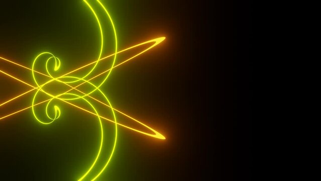 neon curves change color and create shapes on a black background, the right half of the canvas is suitable for placing your own text