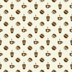 White seamless pattern background with coffee beans and cups