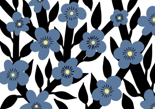 Blue flowers with black leaves. Illustration for background, wallpaper et al. 