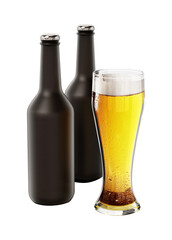 Two beer bottles and a glass of beer isolated on white background. 3D illustration