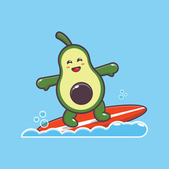 Obraz na płótnie Canvas Cute avocado cartoon mascot character surfing on beach