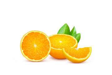 Oranges are cut in half and cut into small pieces. with green leaves isolated on a white background