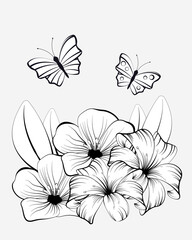 Coloring page. Anti stress coloring book for children and adults. Nature, flax flowers, plants, lilies and butterflies.