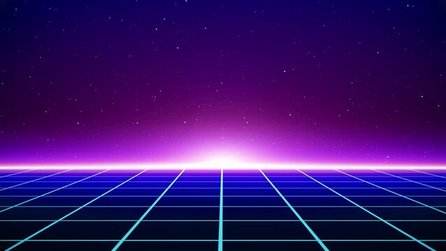Retro style 80s Sci-Fi Background Futuristic with laser grid landscape. Digital cyber surface style of the 1980s.